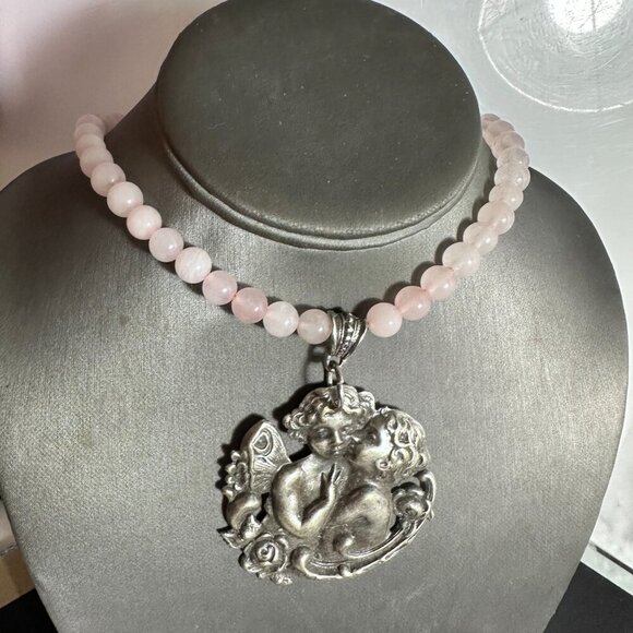 Cherub Rose Quartz Pendant Necklace Handmade Silver Repoussé Art Nouveau Gift - Picture 9 of 9